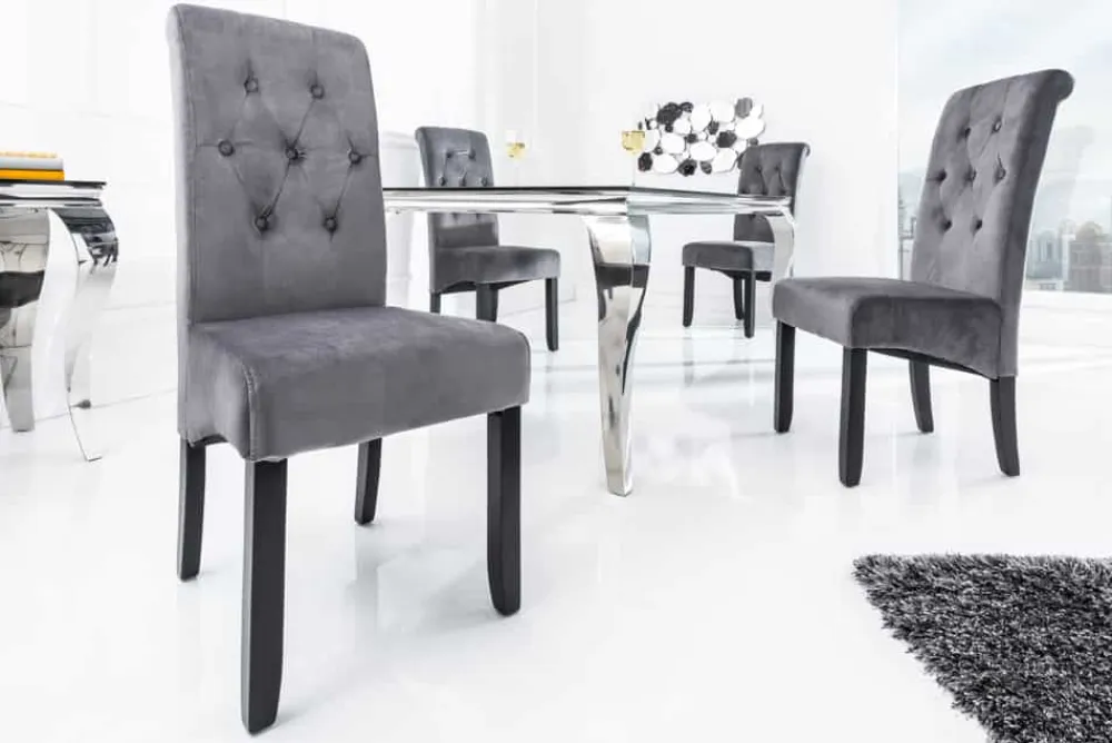 Riess-Ambiente Stühle|Samt Möbel > Design Stuhl CASA grau Samt mit Zierknöpfen Massivholzbeine