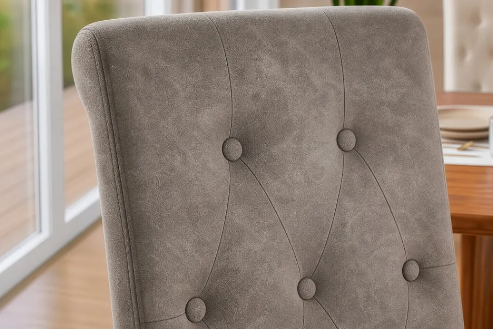 Riess-Ambiente Stühle > Design Stuhl CASA taupe Microfaser mit Zierknöpfen Massivholzbeine