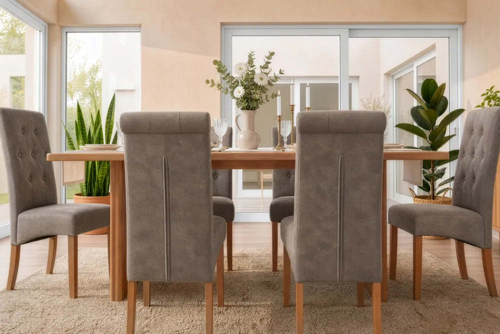 Riess-Ambiente Stühle > Design Stuhl CASA taupe Microfaser mit Zierknöpfen Massivholzbeine
