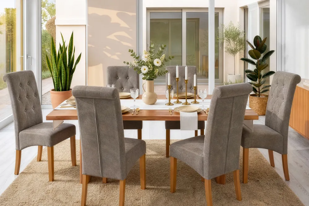 Riess-Ambiente Stühle > Design Stuhl CASA taupe Microfaser mit Zierknöpfen Massivholzbeine