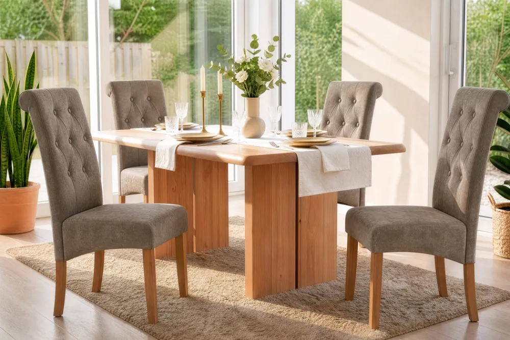 Riess-Ambiente Stühle > Design Stuhl CASA taupe Microfaser mit Zierknöpfen Massivholzbeine
