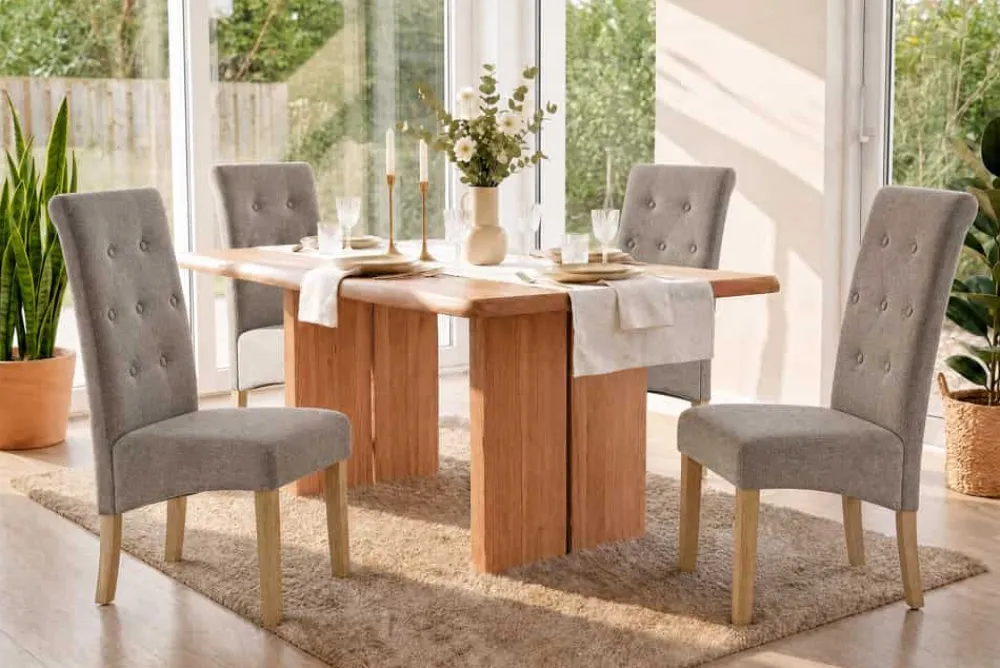 Riess-Ambiente Stühle > Design Stuhl CASA taupe Strukturstoff Massivholzbeine mit Zierknöpfen und Nackenrolle