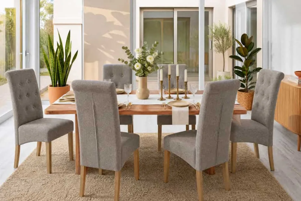 Riess-Ambiente Stühle > Design Stuhl CASA taupe Strukturstoff Massivholzbeine mit Zierknöpfen und Nackenrolle