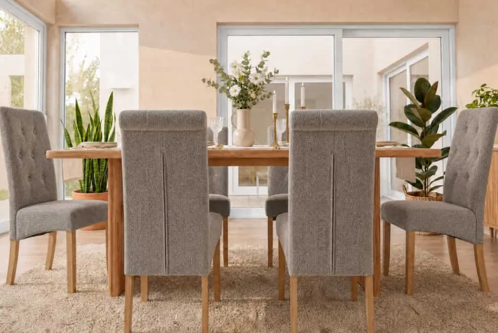 Riess-Ambiente Stühle > Design Stuhl CASA taupe Strukturstoff Massivholzbeine mit Zierknöpfen und Nackenrolle
