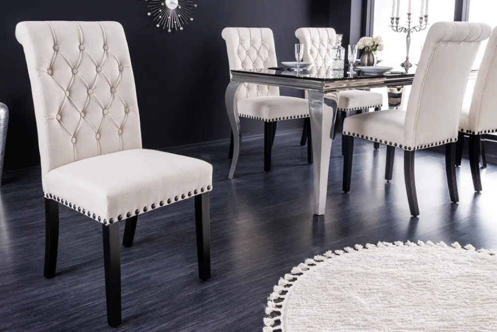 Riess-Ambiente Stühle > Design Stuhl CASTLE beige schwarz Strukturstoff Holzfüße Chesterfield