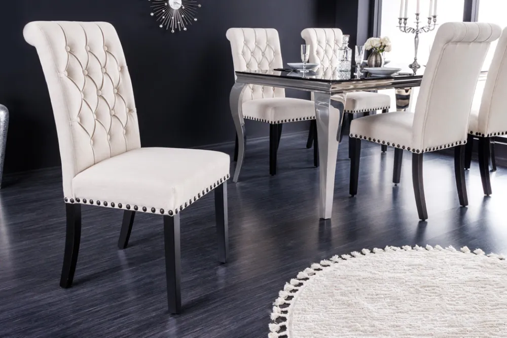 Riess-Ambiente Stühle > Design Stuhl CASTLE beige schwarz Strukturstoff Holzfüße Chesterfield