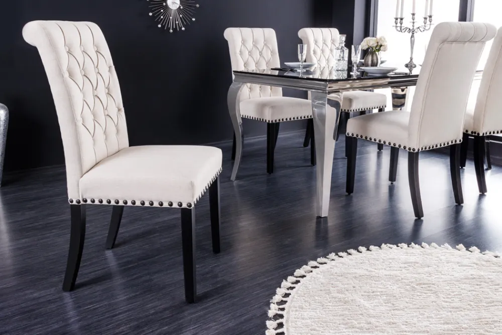 Riess-Ambiente Stühle > Design Stuhl CASTLE beige schwarz Strukturstoff Holzfüße Chesterfield