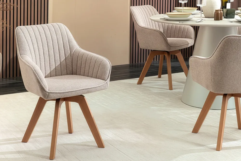 Riess-Ambiente Skandinavisch|Stühle > Design Stuhl LIVORNO beige Strukturstoff Massivholzbeine drehbar Auto-Return-Funktion