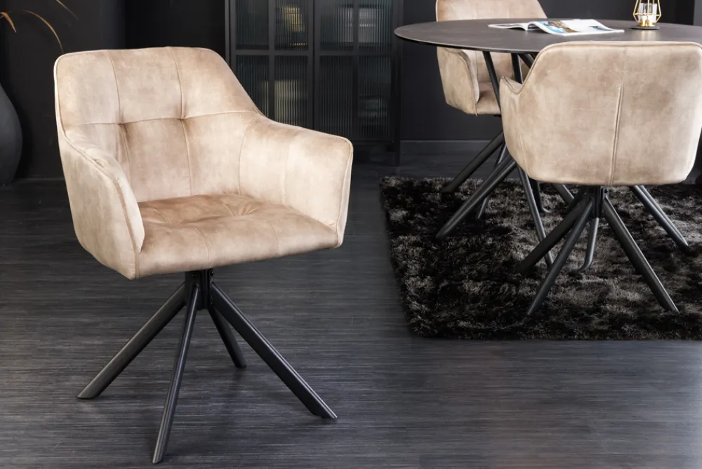 Riess-Ambiente Industrial Loft|Stühle > Design Stuhl LOFT champagner Samt drehbar Metallgestell schwarz mit Armlehne