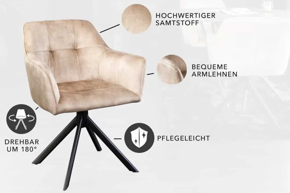 Riess-Ambiente Industrial Loft|Stühle > Design Stuhl LOFT champagner Samt drehbar Metallgestell schwarz mit Armlehne