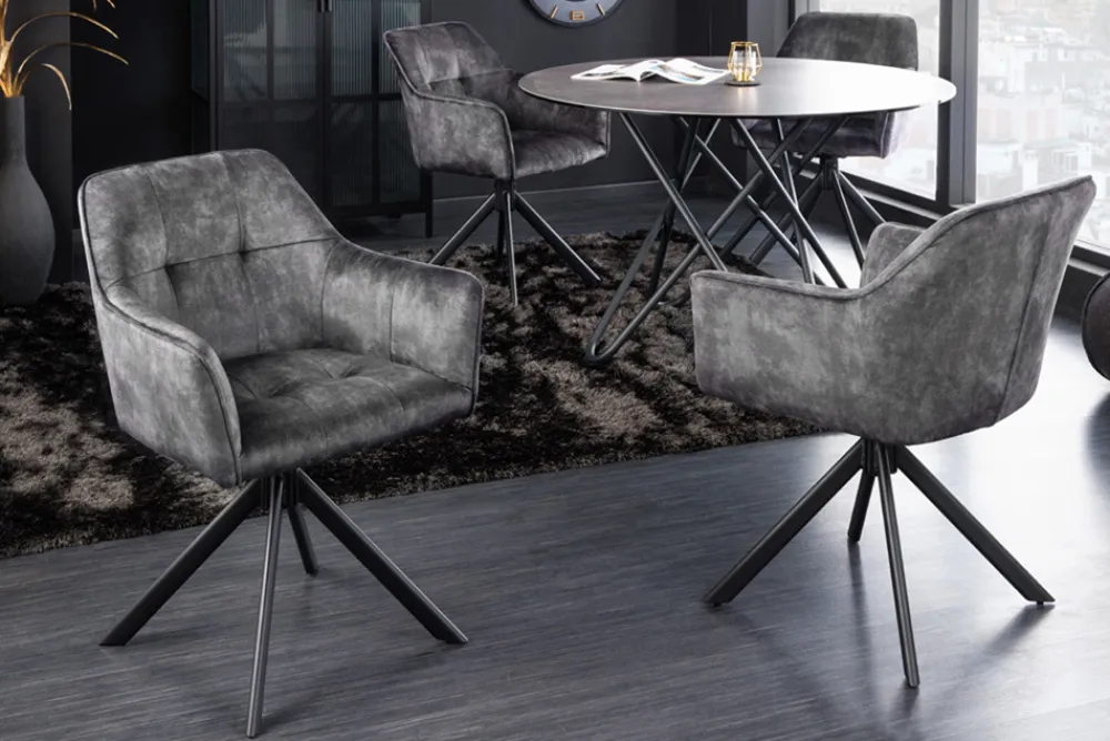 Riess-Ambiente Industrial Loft|Stühle > Design Stuhl LOFT dunkelgrau Samt drehbar Metallgestell schwarz mit Armlehne