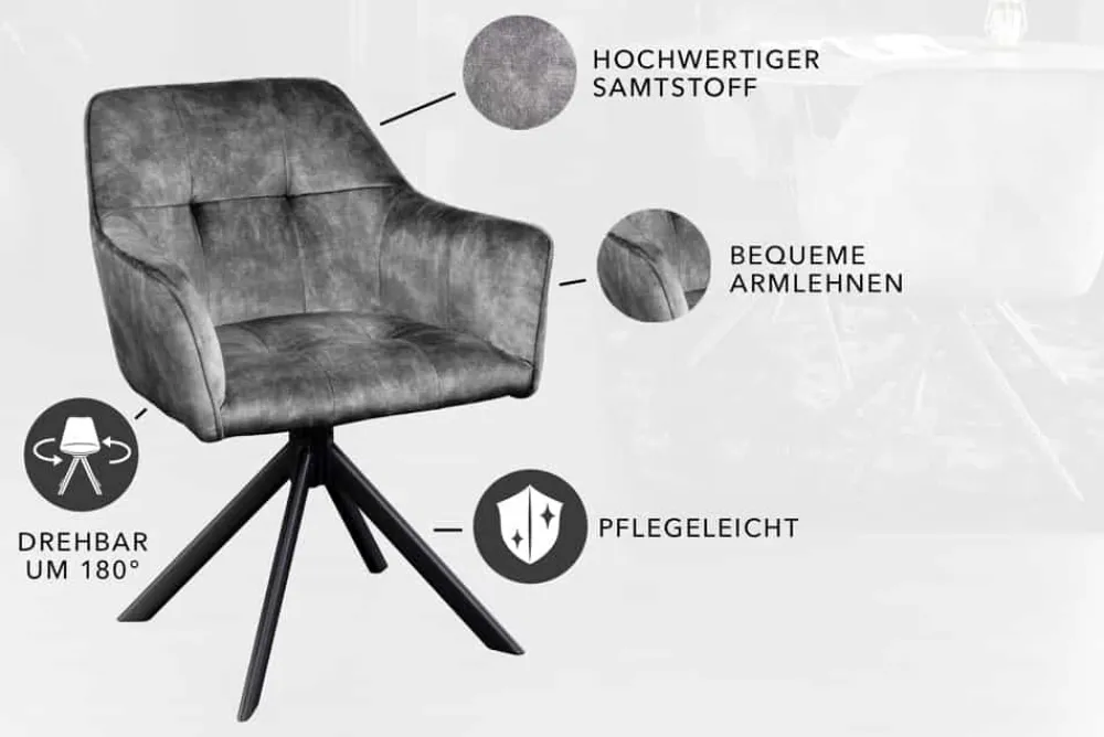 Riess-Ambiente Industrial Loft|Stühle > Design Stuhl LOFT dunkelgrau Samt drehbar Metallgestell schwarz mit Armlehne