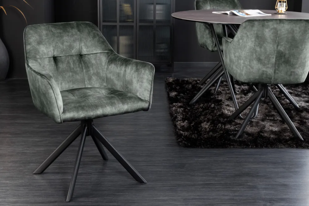 Riess-Ambiente Industrial Loft|Stühle > Design Stuhl LOFT grün Samt drehbar Metallgestell schwarz mit Armlehne