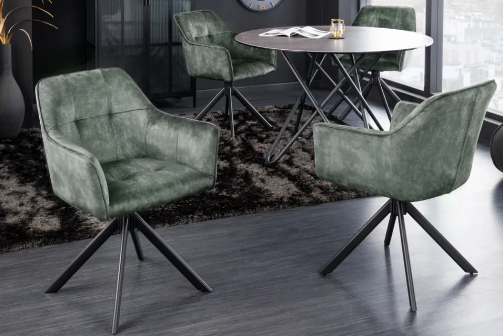 Riess-Ambiente Industrial Loft|Stühle > Design Stuhl LOFT grün Samt drehbar Metallgestell schwarz mit Armlehne