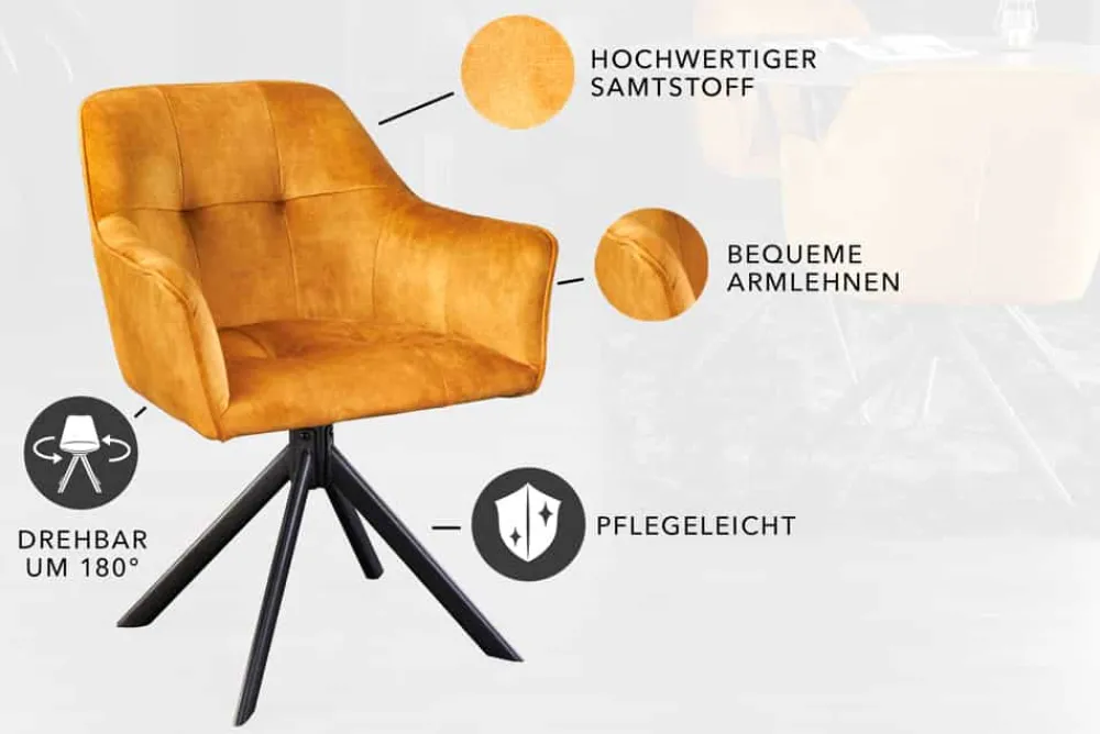 Riess-Ambiente Industrial Loft|Stühle > Design Stuhl LOFT senfgelb Samt drehbar Metallgestell schwarz mit Armlehne