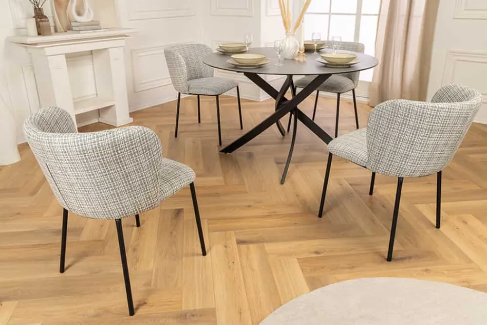 Riess-Ambiente Retro Möbel|Stühle > Design Stuhl LYON blau kariert Bouclé schwarze Metallbeine