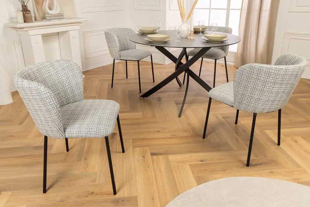 Riess-Ambiente Retro Möbel|Stühle > Design Stuhl LYON blau kariert Bouclé schwarze Metallbeine
