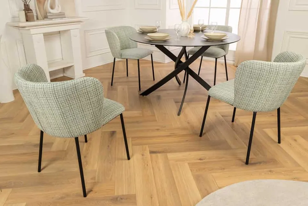 Riess-Ambiente Retro Möbel|Stühle > Design Stuhl LYON grün-rosa kariert Bouclé schwarze Metallbeine