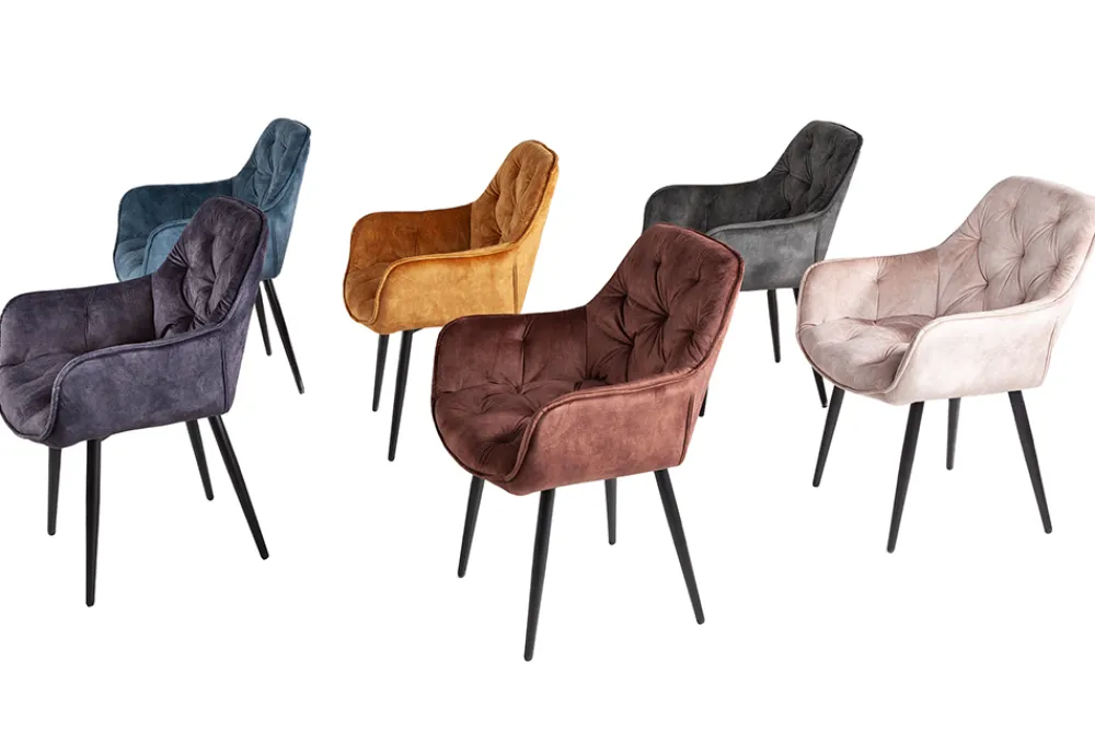 Riess-Ambiente Stühle|Samt Möbel > Design Stuhl MILANO petrol Samt mit Armlehne Ziersteppung gepolstert schwarze Metallbeine