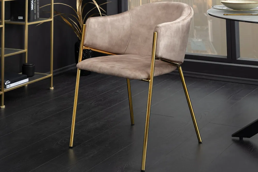 Riess-Ambiente Retro Möbel|Stühle > Design Stuhl NOBLESSE champagner beige Samt golden verchromtes Metallgestell