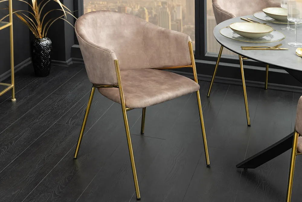 Riess-Ambiente Retro Möbel|Stühle > Design Stuhl NOBLESSE champagner beige Samt golden verchromtes Metallgestell