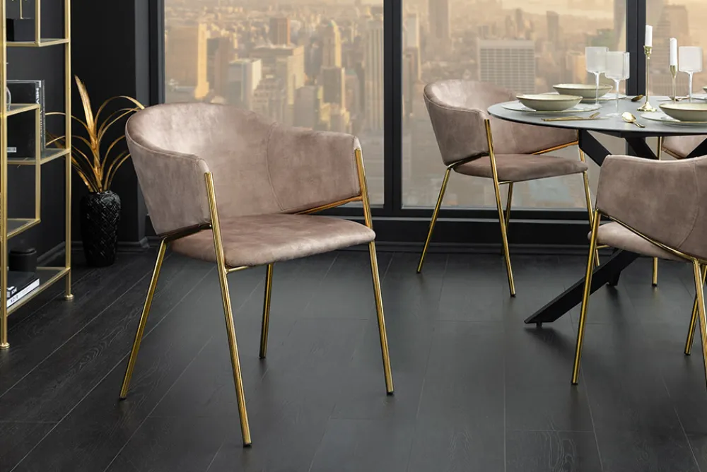 Riess-Ambiente Retro Möbel|Stühle > Design Stuhl NOBLESSE champagner beige Samt golden verchromtes Metallgestell