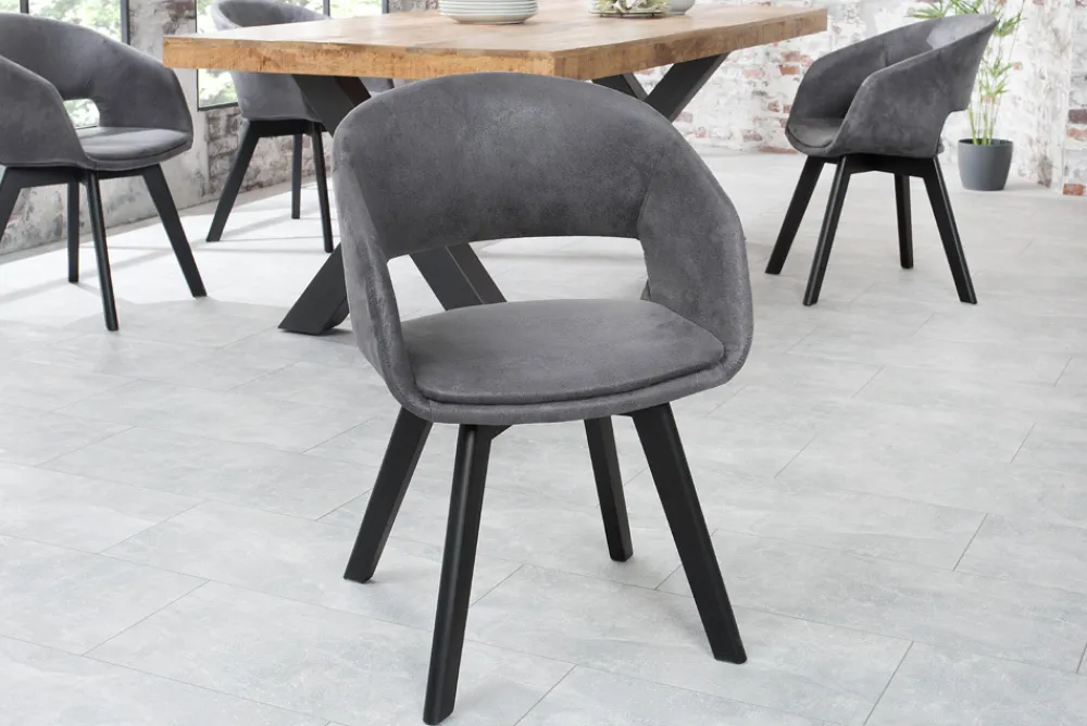 Riess-Ambiente Retro Möbel|Stühle > Design Stuhl NORDIC STAR antik grau Microfaser Massivholz schwarz mit Armlehne gepolstert