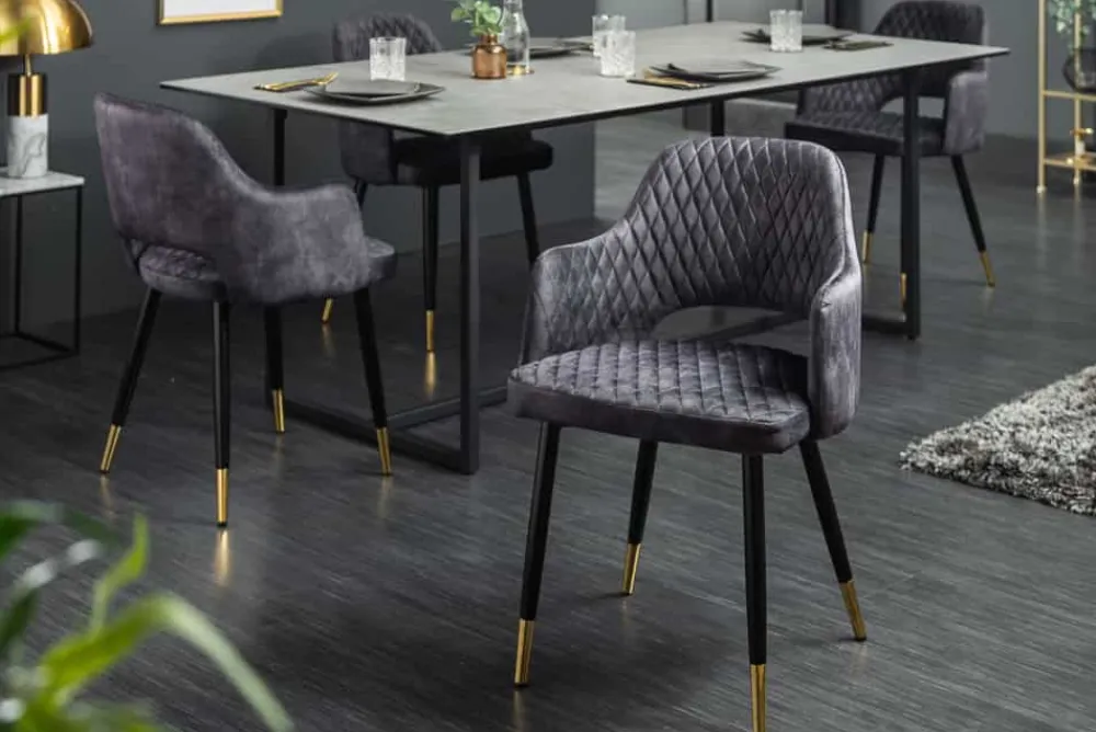 Riess-Ambiente Retro Möbel|Stühle > Design Stuhl PARIS grau Samt mit Armlehnen Ziersteppung goldene Fußkappen gepolstert
