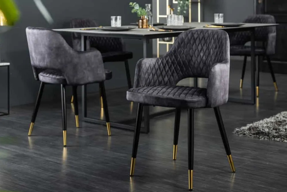 Riess-Ambiente Retro Möbel|Stühle > Design Stuhl PARIS grau Samt mit Armlehnen Ziersteppung goldene Fußkappen gepolstert