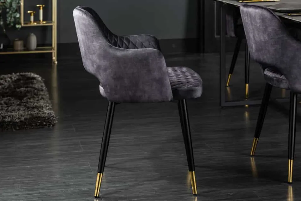 Riess-Ambiente Retro Möbel|Stühle > Design Stuhl PARIS grau Samt mit Armlehnen Ziersteppung goldene Fußkappen gepolstert