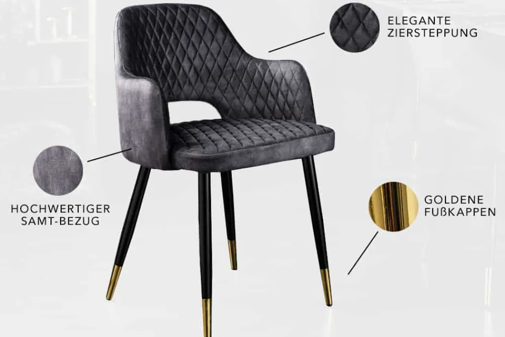 Riess-Ambiente Retro Möbel|Stühle > Design Stuhl PARIS grau Samt mit Armlehnen Ziersteppung goldene Fußkappen gepolstert