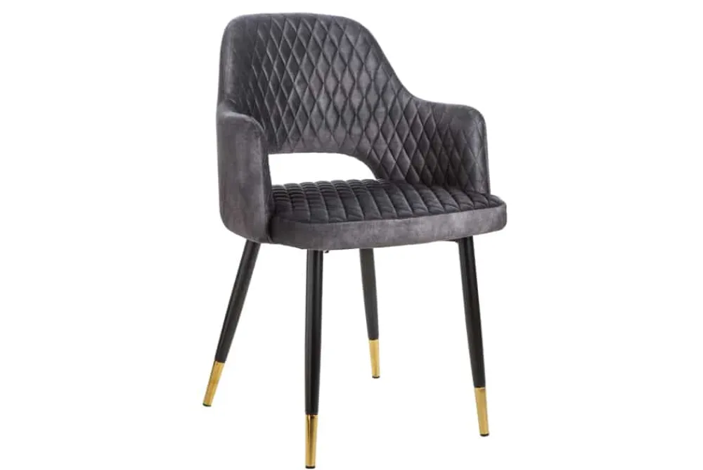 Riess-Ambiente Retro Möbel|Stühle > Design Stuhl PARIS grau Samt mit Armlehnen Ziersteppung goldene Fußkappen gepolstert