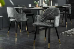 Riess-Ambiente Retro Möbel|Stühle > Design Stuhl PARIS grün Samt mit Armlehnen Ziersteppung goldene Fußkappen