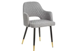 Riess-Ambiente Retro Möbel|Stühle > Design Stuhl PARIS hellgrau Strukturstoff mit Armlehnen Ziersteppung goldene Fußkappen