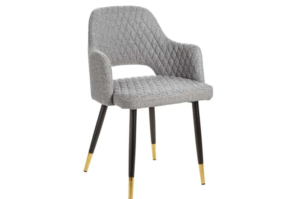 Riess-Ambiente Retro Möbel|Stühle > Design Stuhl PARIS hellgrau Strukturstoff mit Armlehnen Ziersteppung goldene Fußkappen