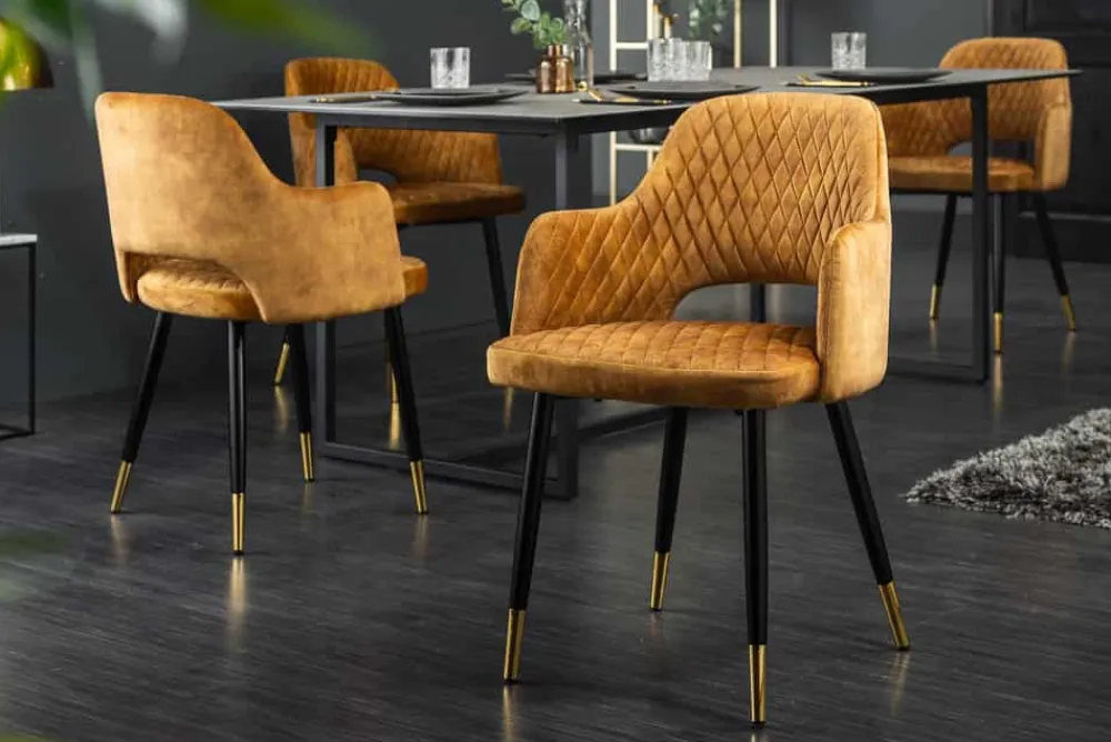 Riess-Ambiente Retro Möbel|Stühle > Design Stuhl PARIS senfgelb Samt mit Armlehnen Ziersteppung goldene Fußkappen