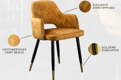 Riess-Ambiente Retro Möbel|Stühle > Design Stuhl PARIS senfgelb Samt mit Armlehnen Ziersteppung goldene Fußkappen