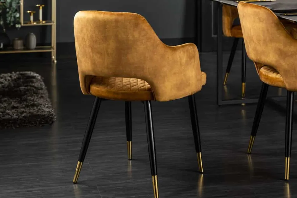 Riess-Ambiente Retro Möbel|Stühle > Design Stuhl PARIS senfgelb Samt mit Armlehnen Ziersteppung goldene Fußkappen