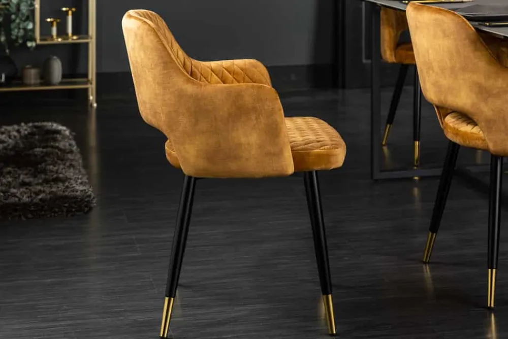 Riess-Ambiente Retro Möbel|Stühle > Design Stuhl PARIS senfgelb Samt mit Armlehnen Ziersteppung goldene Fußkappen