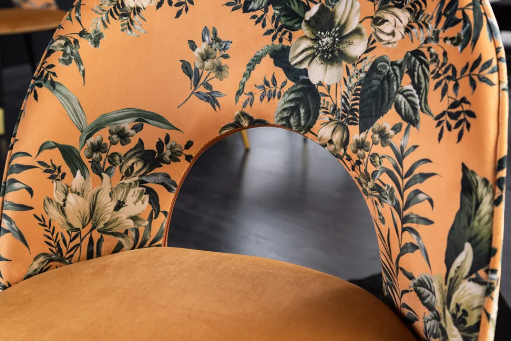 Riess-Ambiente Retro Möbel|Stühle > Design Stuhl PRÊT-À-PORTER gelb Samt florales Muster und goldene Fußkappen