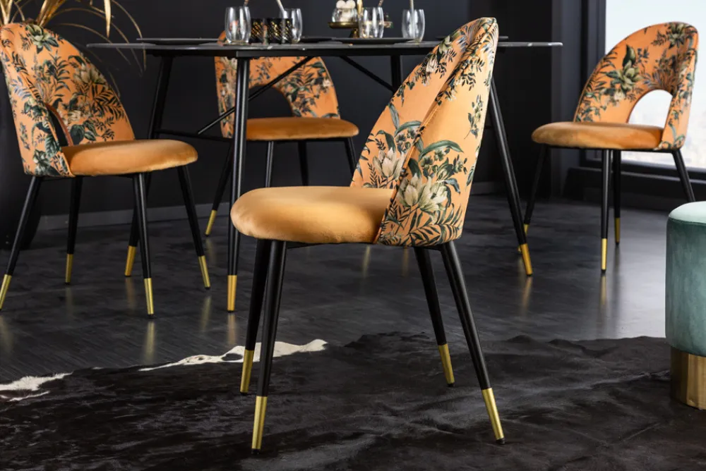Riess-Ambiente Retro Möbel|Stühle > Design Stuhl PRÊT-À-PORTER gelb Samt florales Muster und goldene Fußkappen