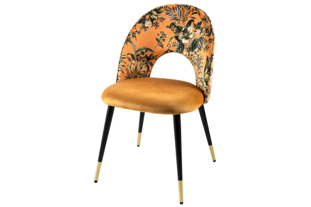 Riess-Ambiente Retro Möbel|Stühle > Design Stuhl PRÊT-À-PORTER gelb Samt florales Muster und goldene Fußkappen