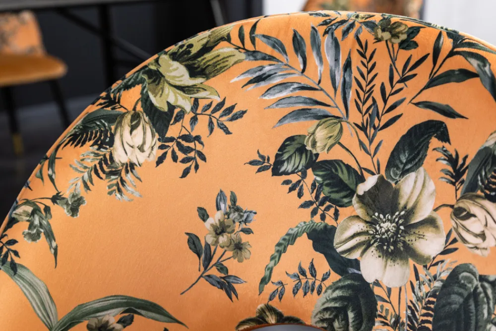 Riess-Ambiente Retro Möbel|Stühle > Design Stuhl PRÊT-À-PORTER gelb Samt florales Muster und goldene Fußkappen