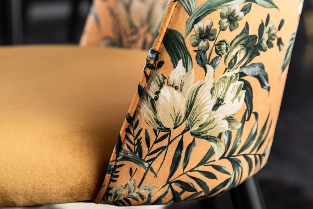 Riess-Ambiente Retro Möbel|Stühle > Design Stuhl PRÊT-À-PORTER gelb Samt florales Muster und goldene Fußkappen