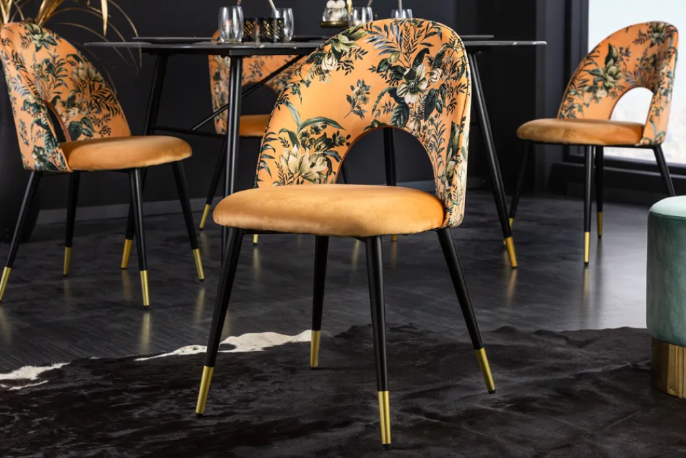 Riess-Ambiente Retro Möbel|Stühle > Design Stuhl PRÊT-À-PORTER gelb Samt florales Muster und goldene Fußkappen