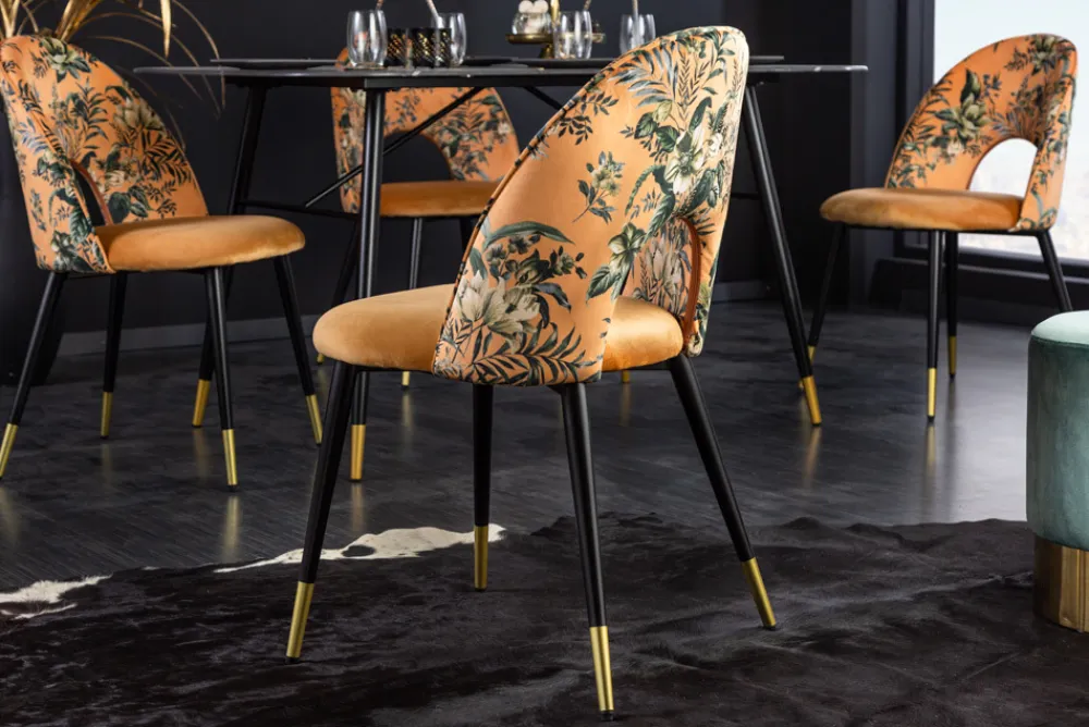 Riess-Ambiente Retro Möbel|Stühle > Design Stuhl PRÊT-À-PORTER gelb Samt florales Muster und goldene Fußkappen