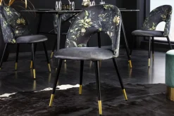 Riess-Ambiente Retro Möbel|Stühle > Design Stuhl PRÊT-À-PORTER grau Samt florales Muster und goldene Fußkappen