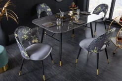Riess-Ambiente Retro Möbel|Stühle > Design Stuhl PRÊT-À-PORTER grau Samt florales Muster und goldene Fußkappen