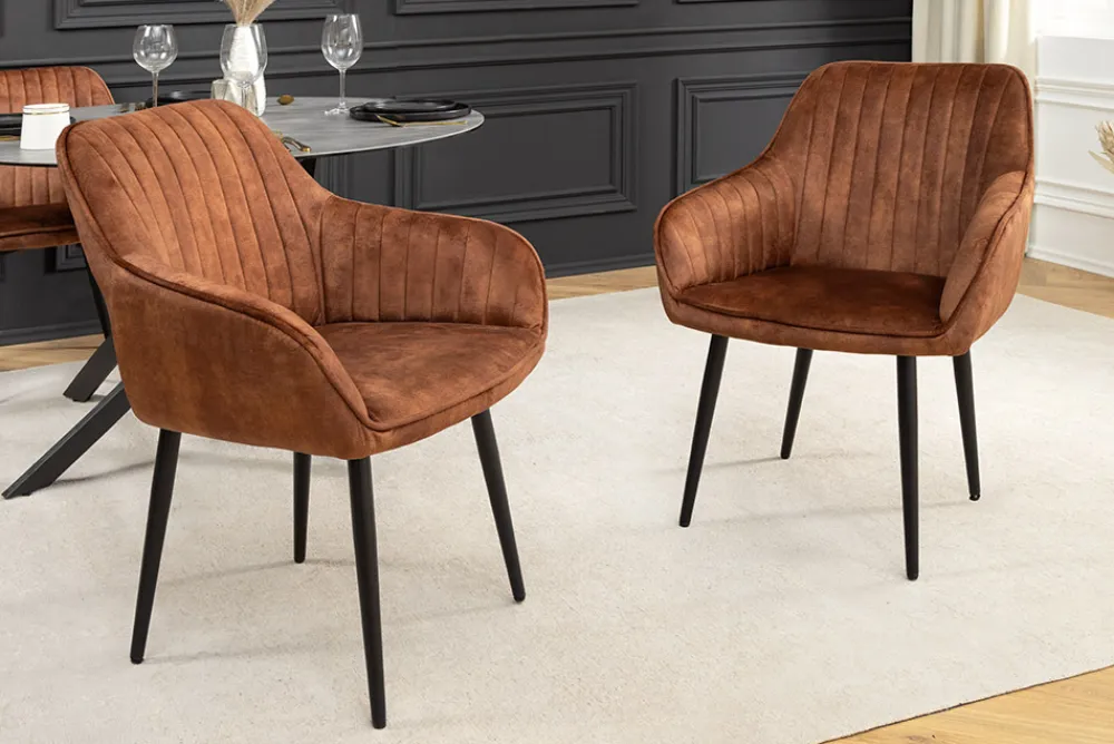 Riess-Ambiente Retro Möbel|Stühle > Design Stuhl TURIN rost braun Samt mit Ziersteppung und Armlehne schwarz Metall