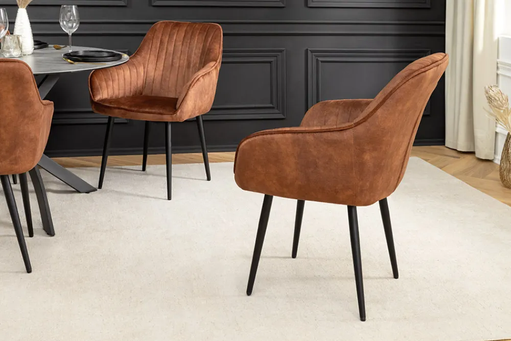 Riess-Ambiente Retro Möbel|Stühle > Design Stuhl TURIN rost braun Samt mit Ziersteppung und Armlehne schwarz Metall